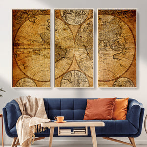 Vintage World Map Canvas Print – Antique Push Pin Travel