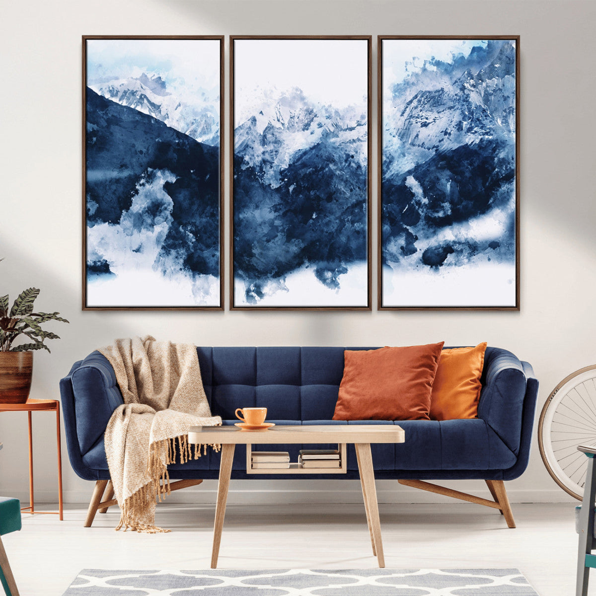 Abstract Blue Mountain Canvas Wall Art – Modern Triptych