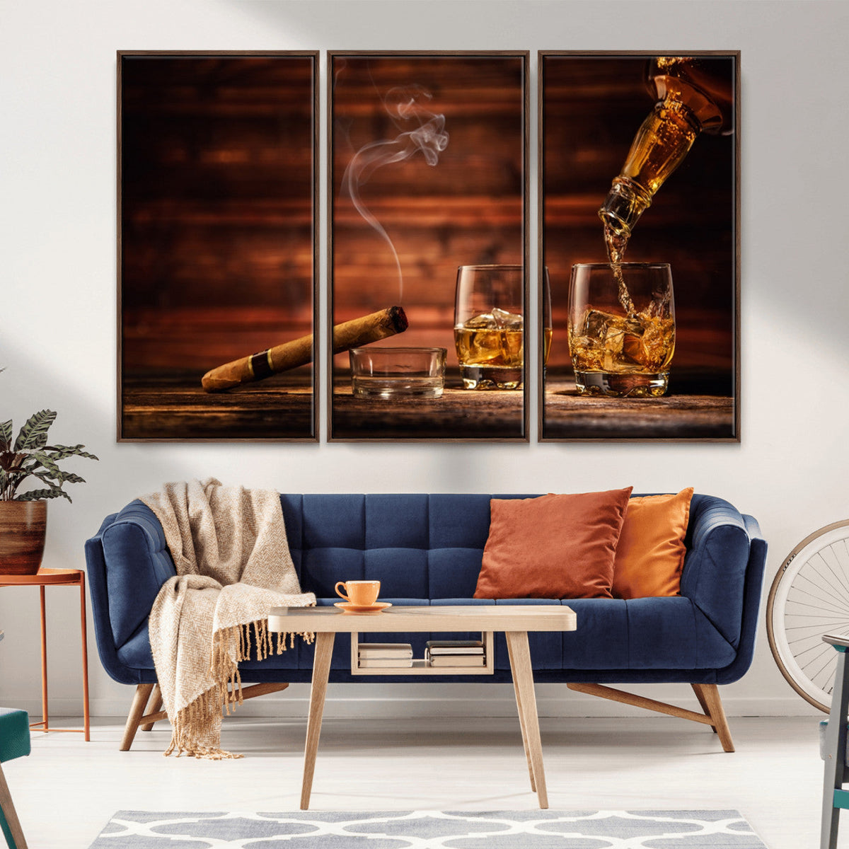 Whiskey and Cigar Wall Art Canvas | 3 Panel Bar Room Decor