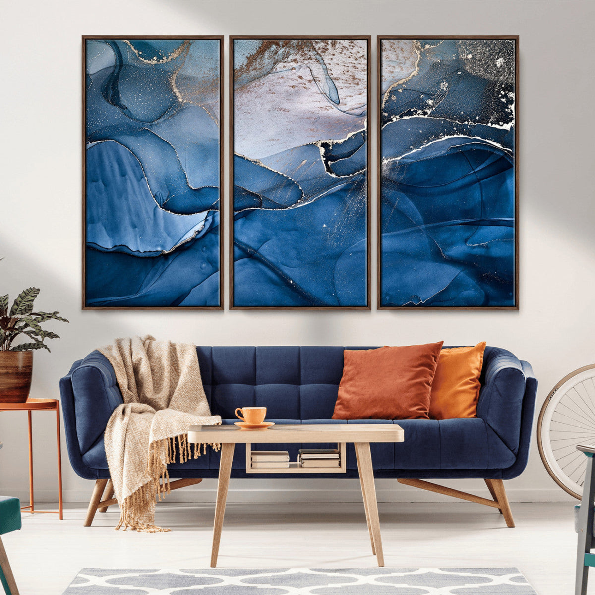 Navy Blue Canvas Art Abstract Print – Elegant Triptych