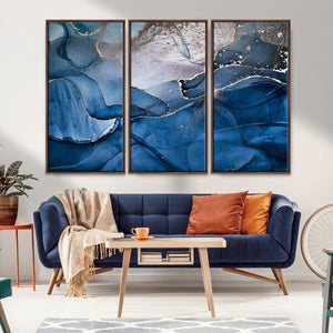 Navy Blue Canvas Art Abstract Print – Elegant Triptych