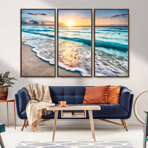 Sunset Beach Waves Canvas Wall Art – 5-Panel Ocean Sunset