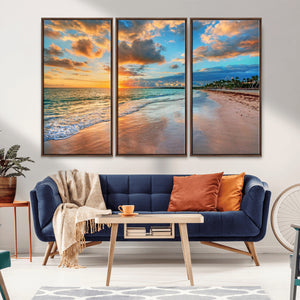 Sunset Ocean Waves on Tropical Beach, 3-Panel Giclee Canvas