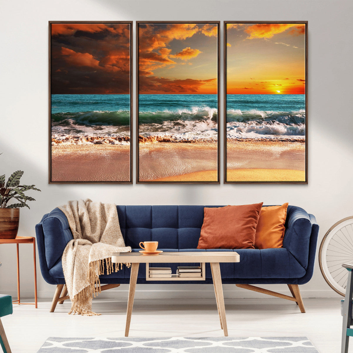 Golden Sunset Beach Canvas Wall Art – Triptych Seascape