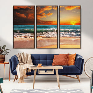 Golden Sunset Beach Canvas Wall Art – Triptych Seascape