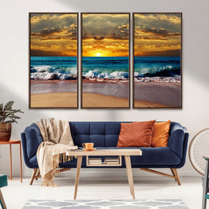 Ocean Sunrise Over Golden Beach Waves, Giclee Canvas Wall