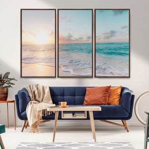 Tranquil Ocean Beach Sunset Canvas Wall Art | 3-Panel