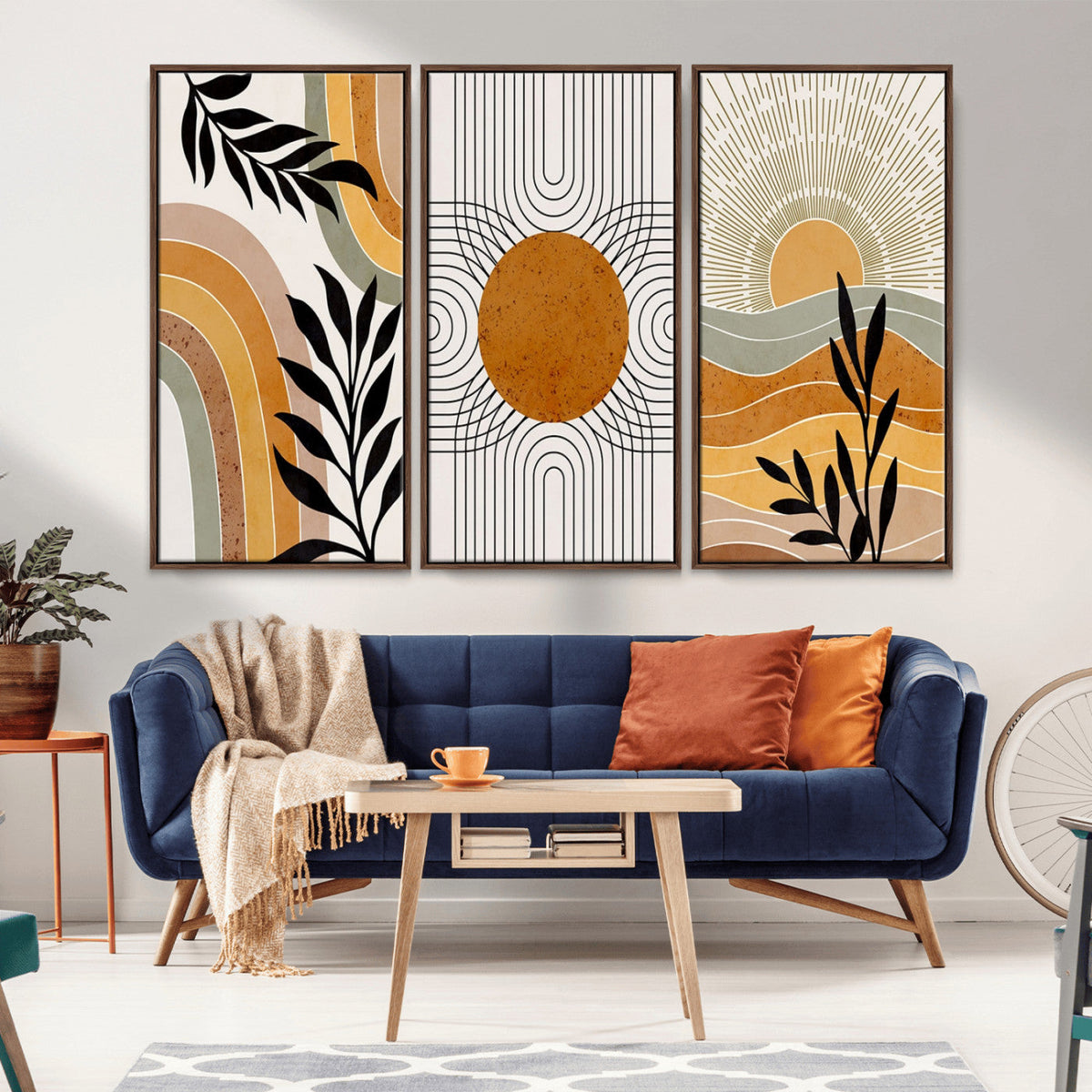 Modern Boho Sun and Leaf Abstract Art – 3-Panel Giclée