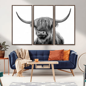 Grayscale Scottish Highland Cow Cattle Art Print Farmhouse