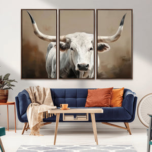 White Longhorn Bull Wall Art Canvas Print – Framed and Ready