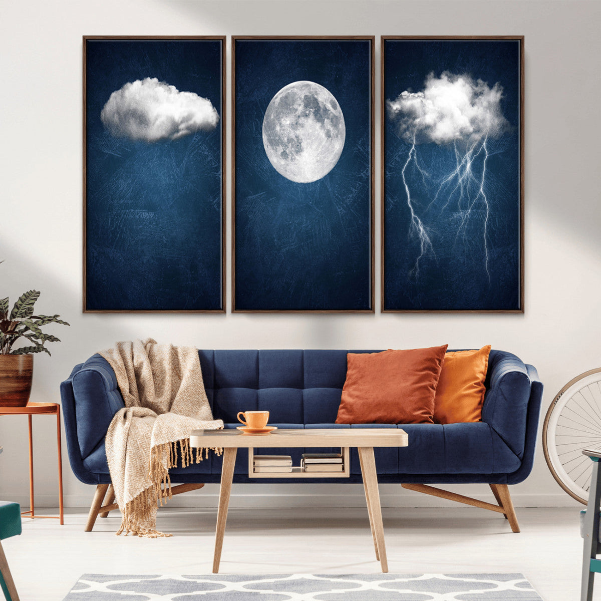 Dark Blue Cloud Art, 3 Piece Indigo Blue Wall Art, Aesthetic