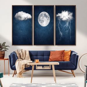 Dark Blue Cloud Art, 3 Piece Indigo Blue Wall Art, Aesthetic