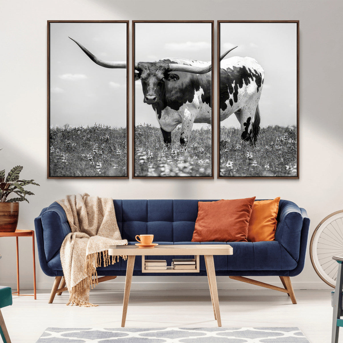 Texas Black White Highland Longhorn Cow Wall Art Canvas
