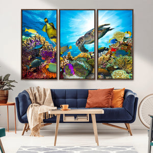 Colorful Coral Reef and Sea Life Turtle Canvas Print,