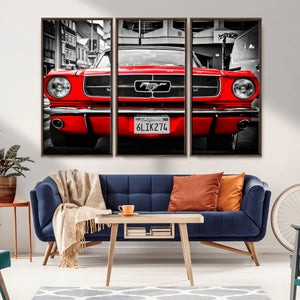 Red Mustang Car Wall Art – Framed Classic Vehicle Canvas