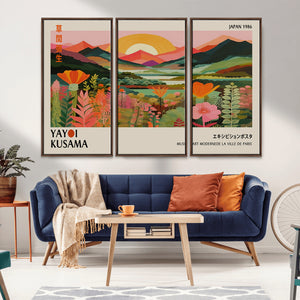 Framed Yayoi Kusama Print, Vibrant Floral Mountain Art
