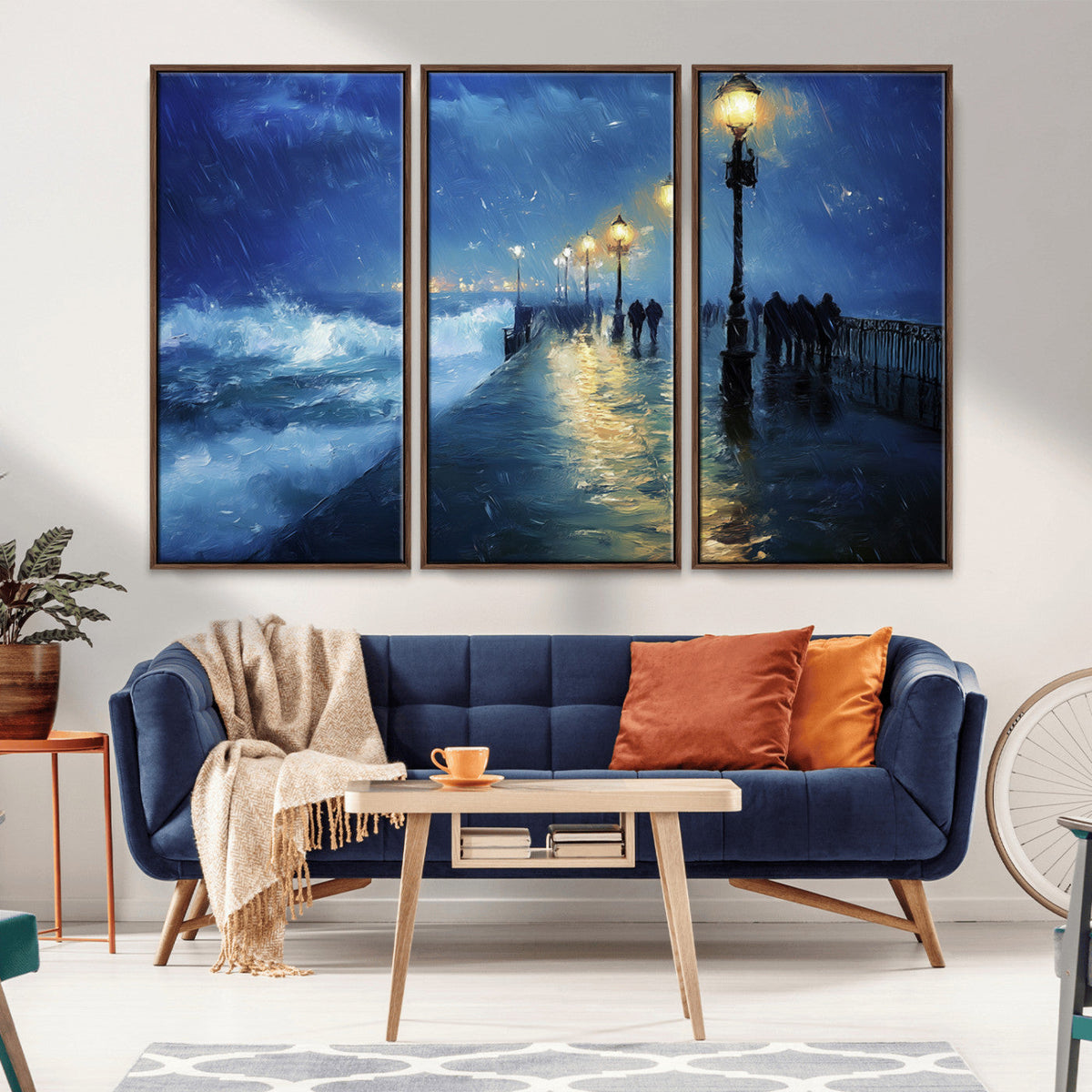 Storm Ocean Pier Canvas Wall Art Print - Large Moody Night