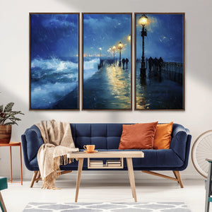 Storm Ocean Pier Canvas Wall Art Print - Large Moody Night