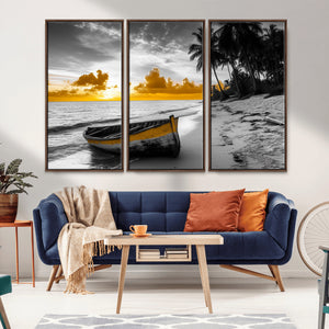 Yellow Rowboat Wall Art – Framed Tropical Shoreline Canvas
