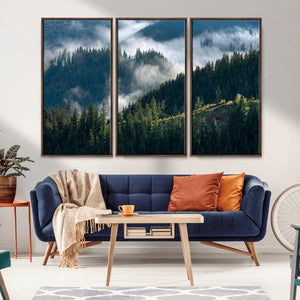 Misty Forest Wall Art Canvas Print, Serene Pine Hills and