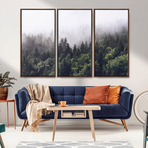 Misty Forest Wall Art Canvas Print, Serene Foggy Pines and