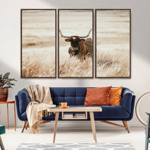 Texas Longhorn Wall Art Canvas Print – Framed Brown Horned