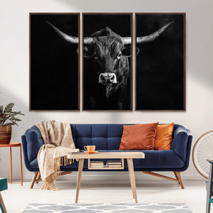Texas Longhorn Wall Art Canvas Print – Framed Monochrome