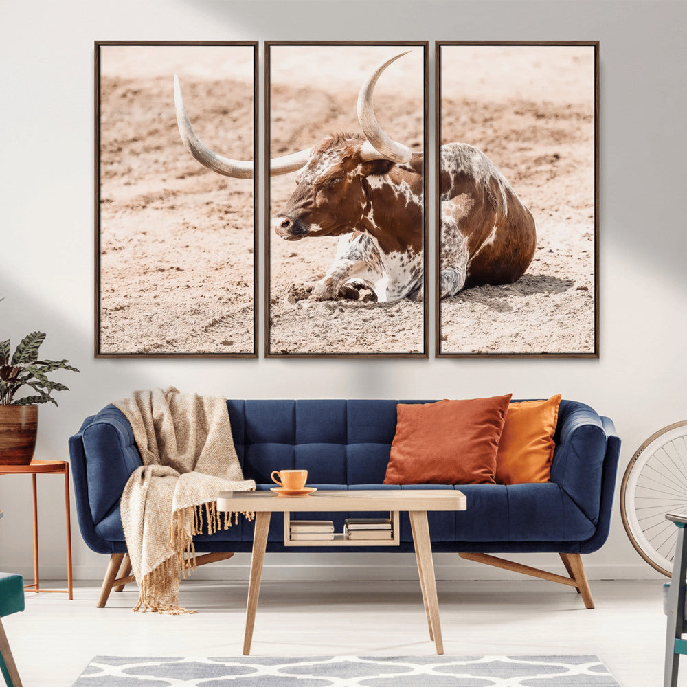 Texas Longhorn Wall Art – Framed Resting Bull Canvas
