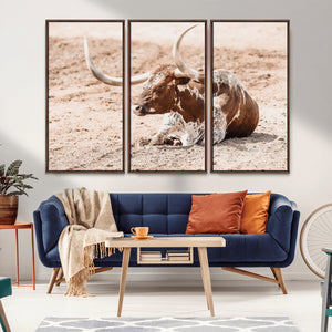 Texas Longhorn Wall Art – Framed Resting Bull Canvas
