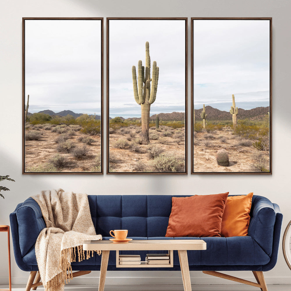 Saguaro Cactus Wall Art – Framed Desert Canvas Artwork,