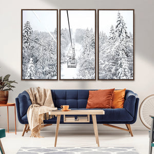 Snowy Ski Lift Wall Art – Framed Winter Mountain Canvas
