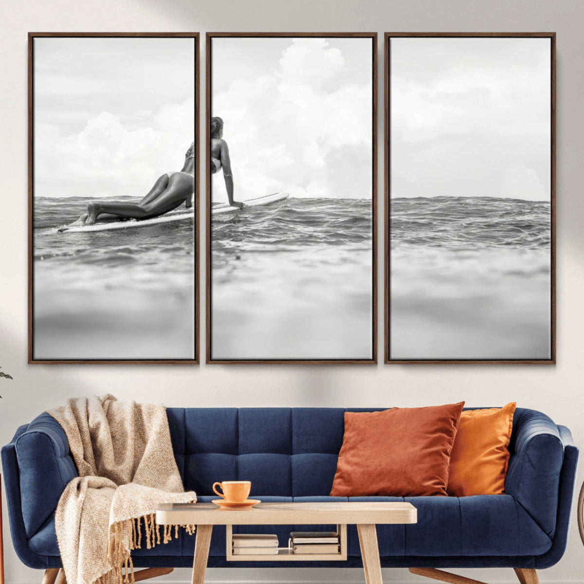 Black and White Surfing Wall Art Canvas Print – Framed Ocean