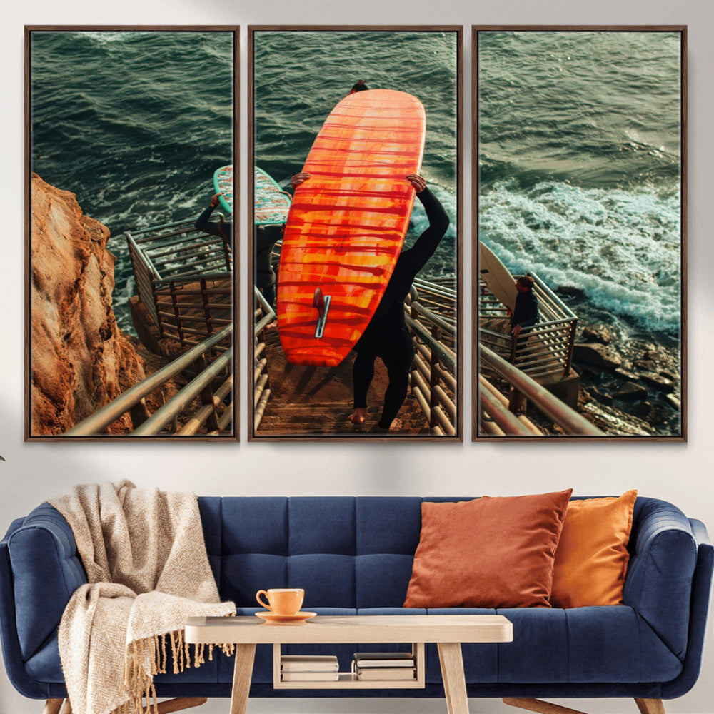 Surfer Stairway Wall Art – Framed Ocean Surf Canvas Artwork,