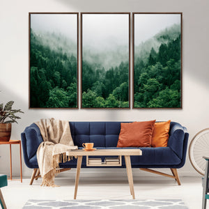 Misty Green Forest Canvas Print – Framed Serene Foggy Pine