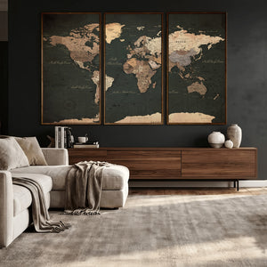 Vintage World Map Canvas Wall Art – Framed Travel Map for