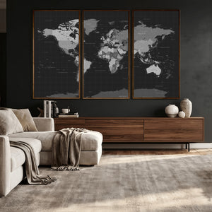 Black World Map Wall Art Canvas Print – Detailed Map of the
