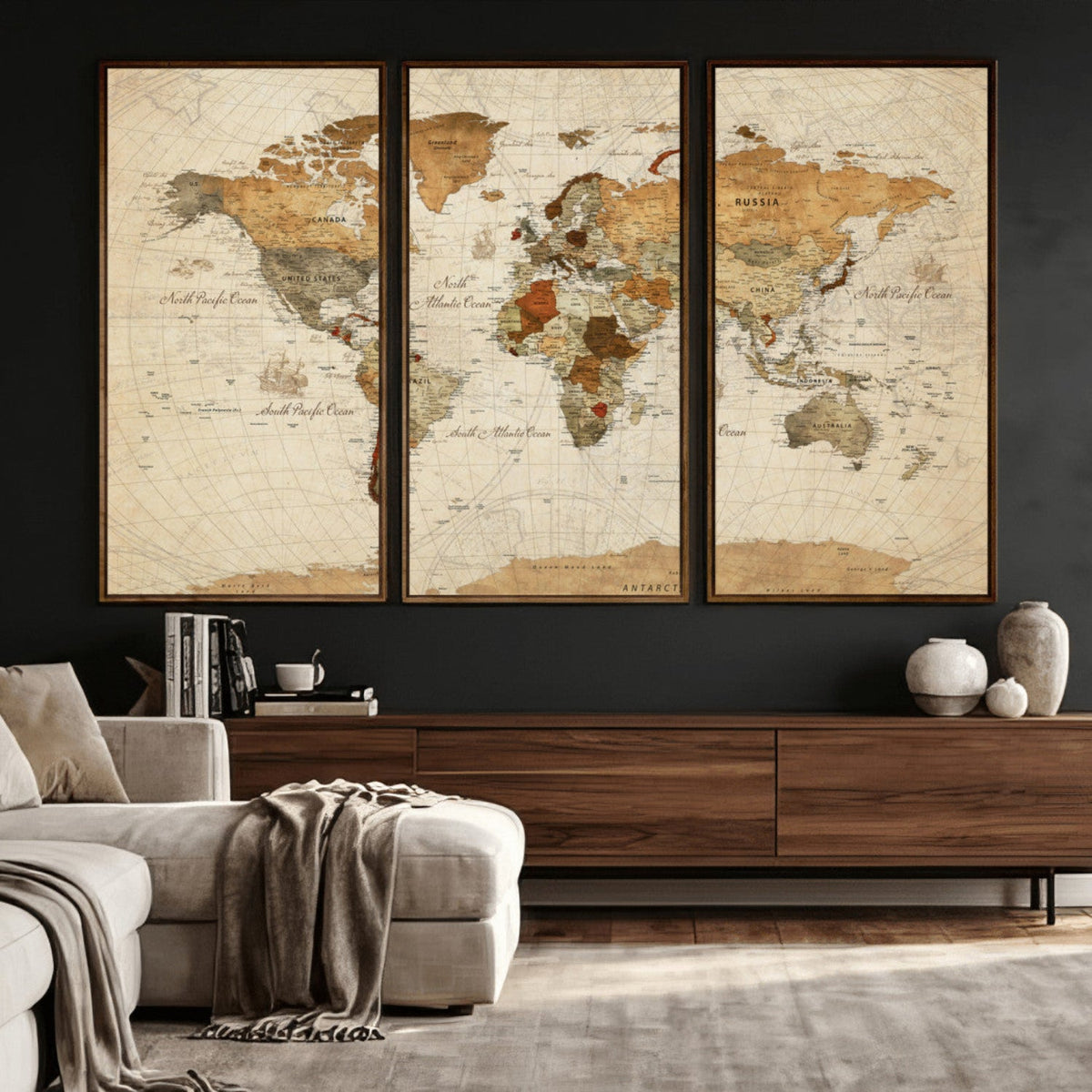 Rustic Vintage World Map Canvas Print – Framed Modern