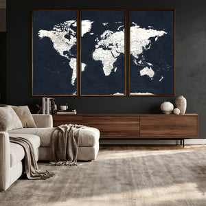 Black World Map Wall Art Canvas Print for Home Office and