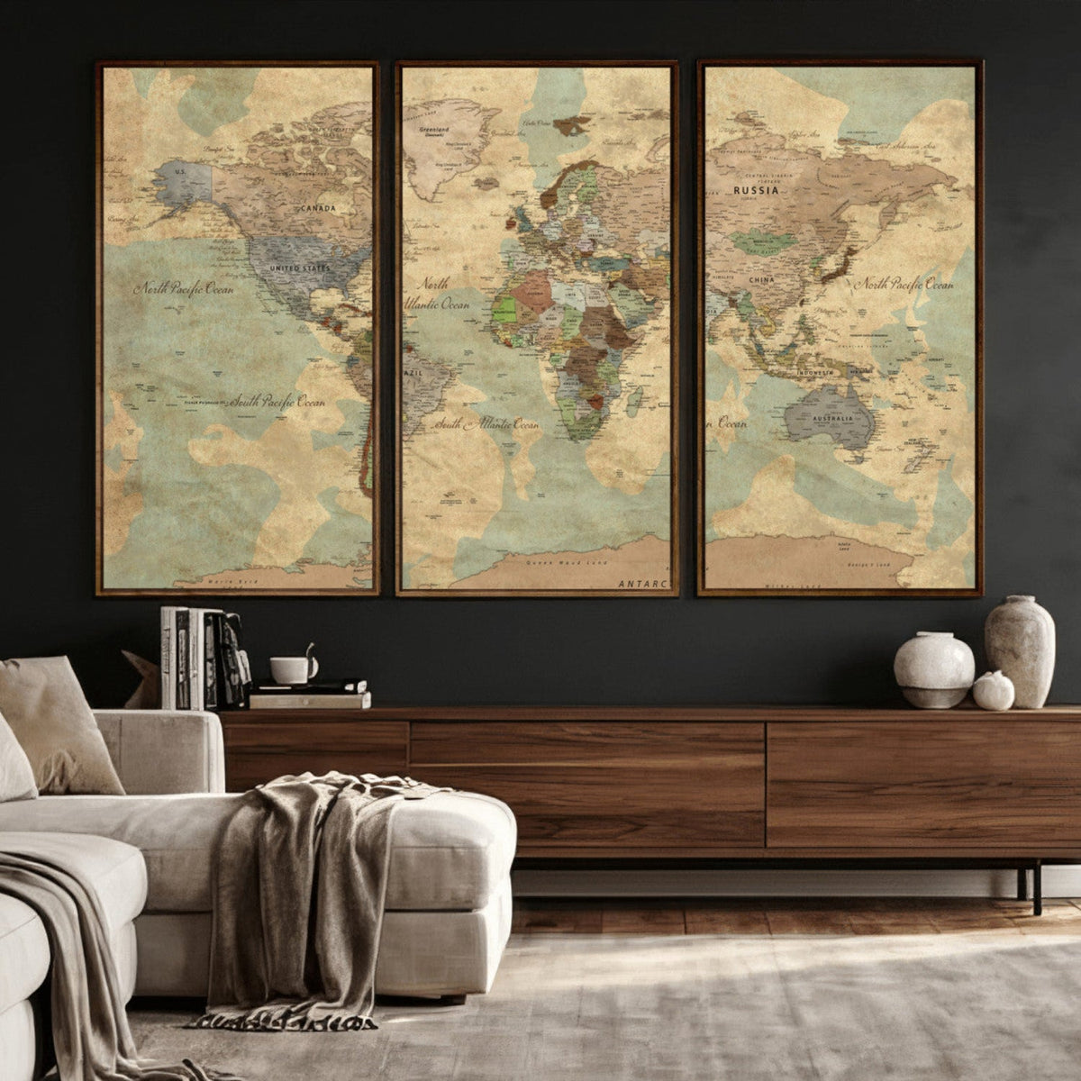 Vintage World Map Wall Art | Ready to Hang and Framed