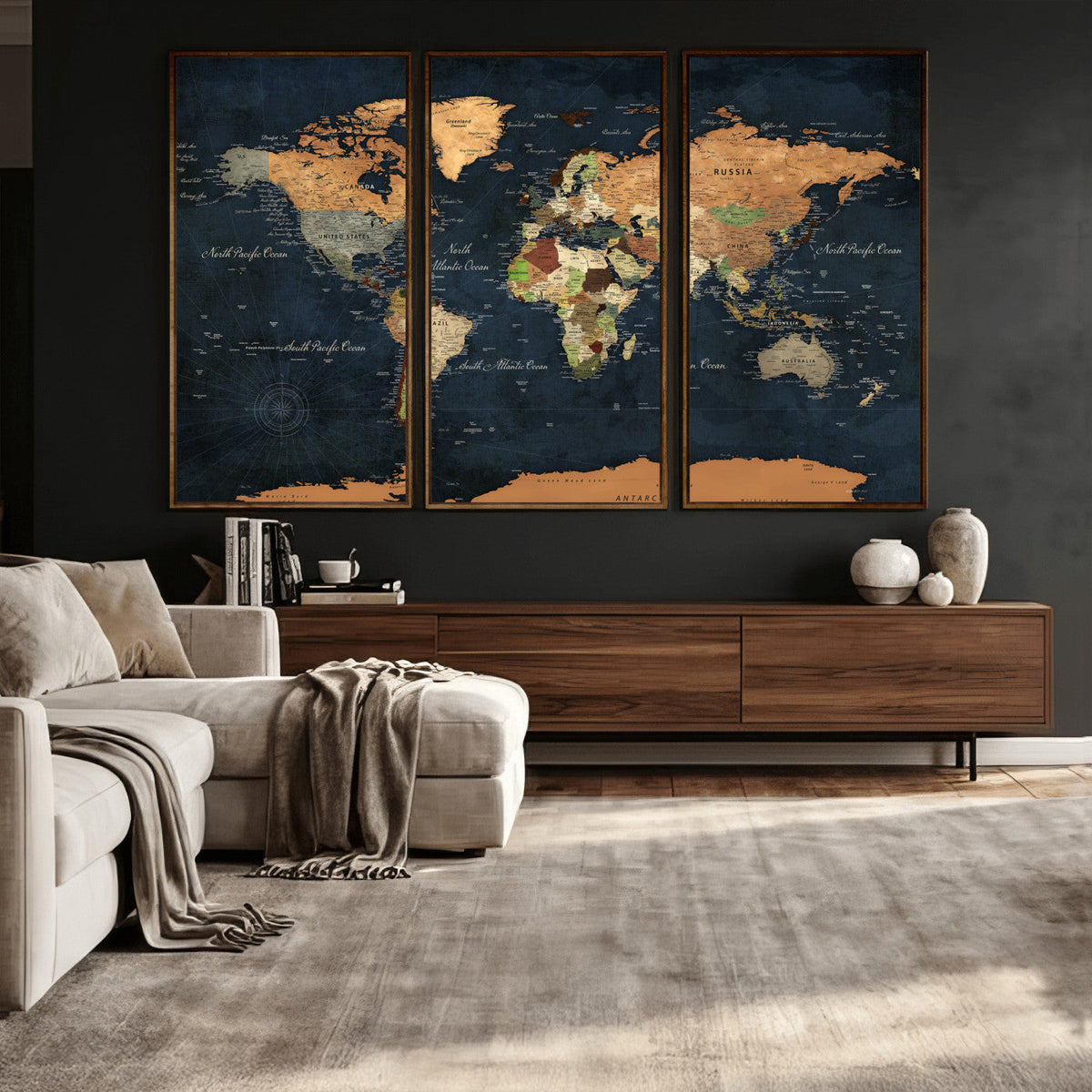 Vintage World Map Canvas Wall Art – Detailed Map with