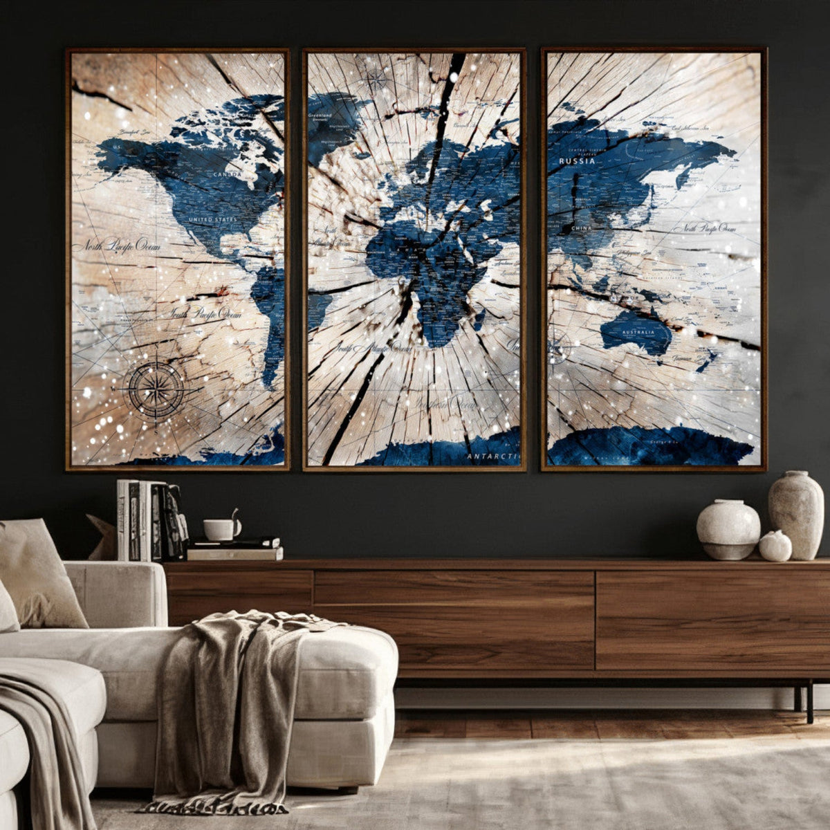 Rustic World Map Canvas Print – Framed Wall Art for Couples,