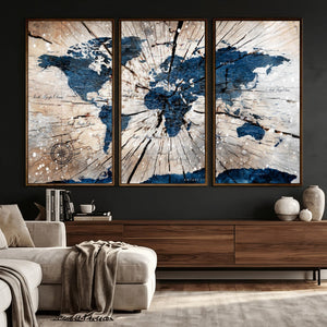 Rustic World Map Canvas Print – Framed Wall Art for Couples,