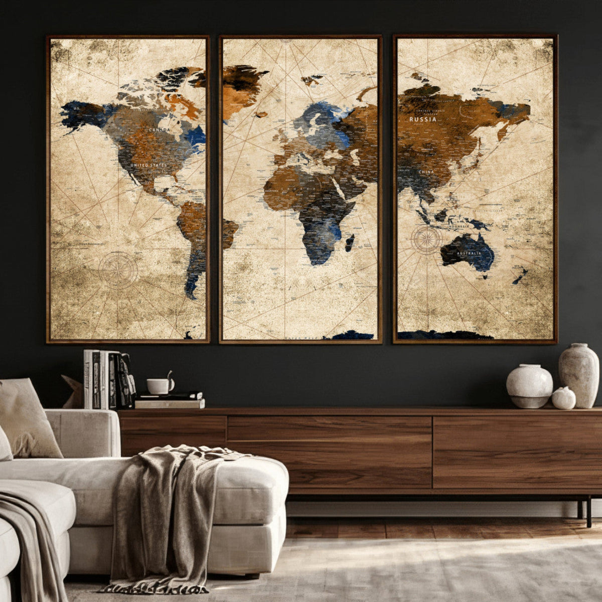 World Map Wall Art – Rustic Earth Tone Canvas Print, Antique