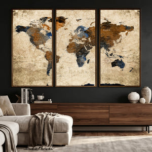 World Map Wall Art – Rustic Earth Tone Canvas Print, Antique