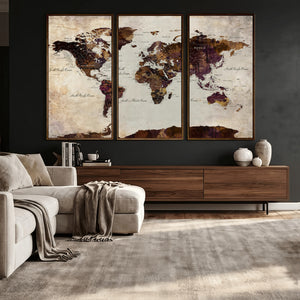 World Map Canvas Triptych – Colorful Global Wall Art for