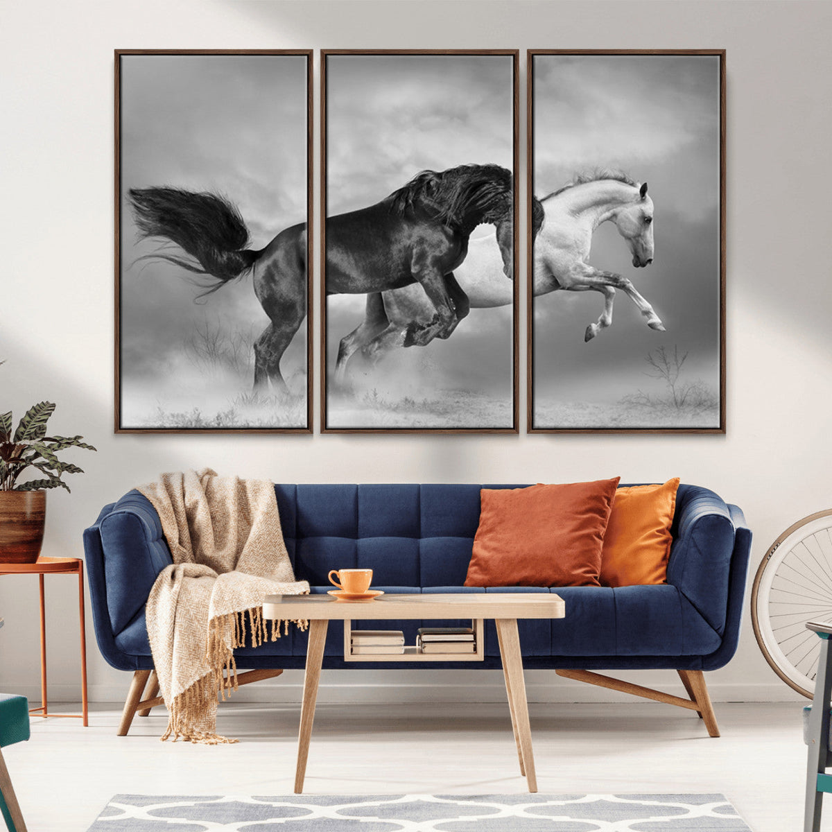 Wild Horses Wall Art Canvas Print – Framed Black and White