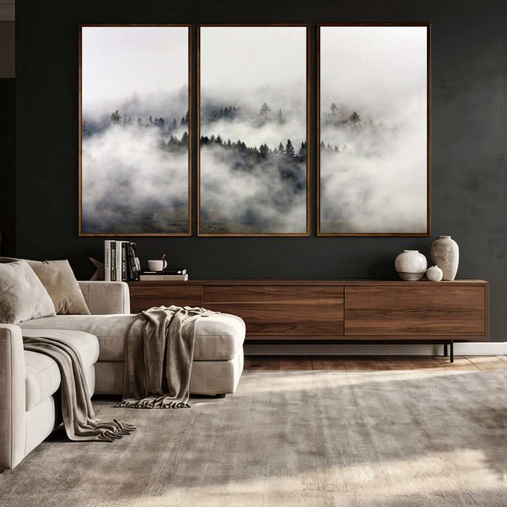 Foggy Forest Wall Art Canvas Print, Misty Pine Tree