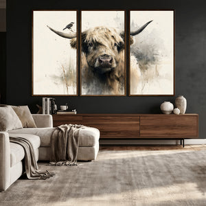 Abstract Highland Cow Wall Art Canvas Print, Rustic Farm