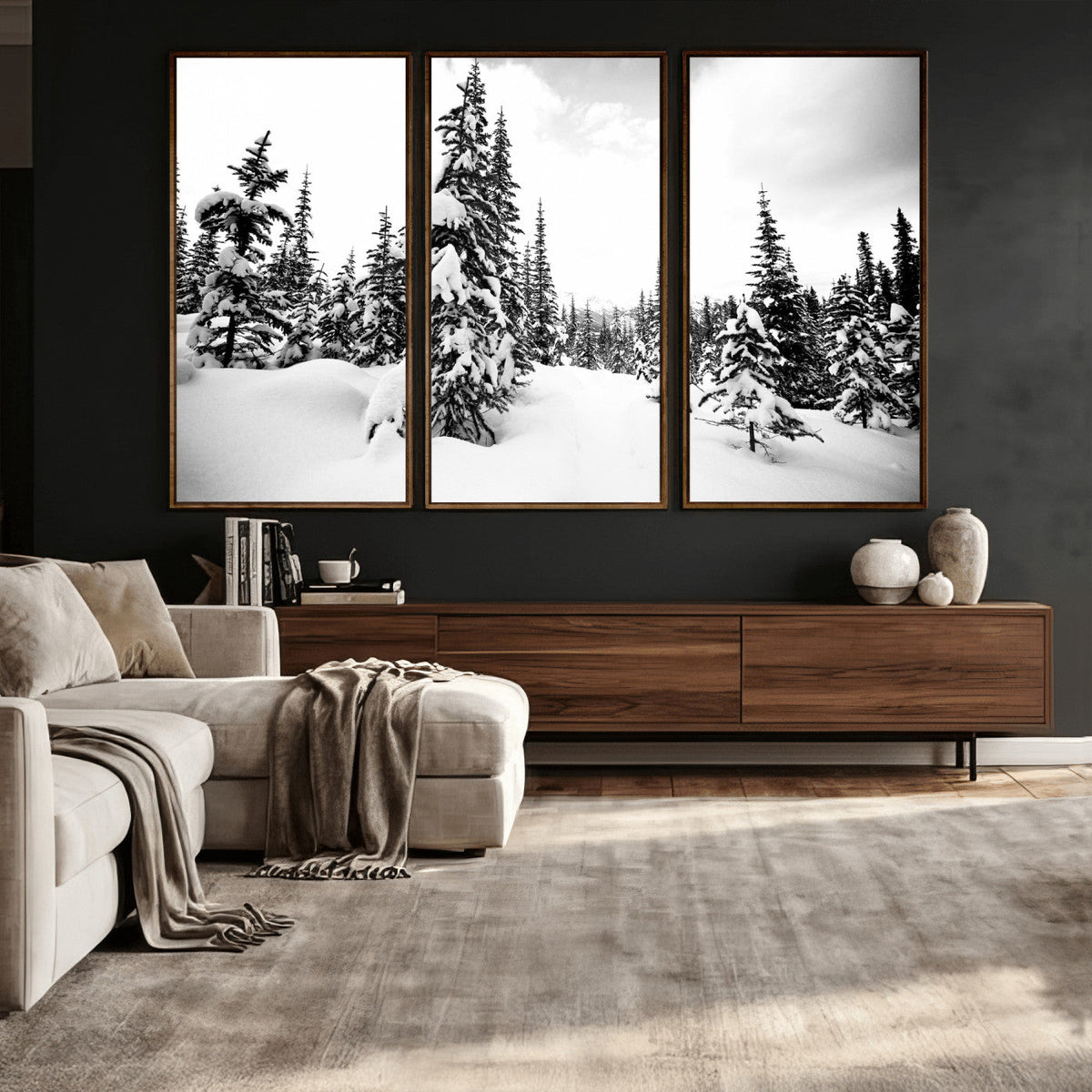 Black and White Snowy Pine Forest Wall Art Canvas Print,