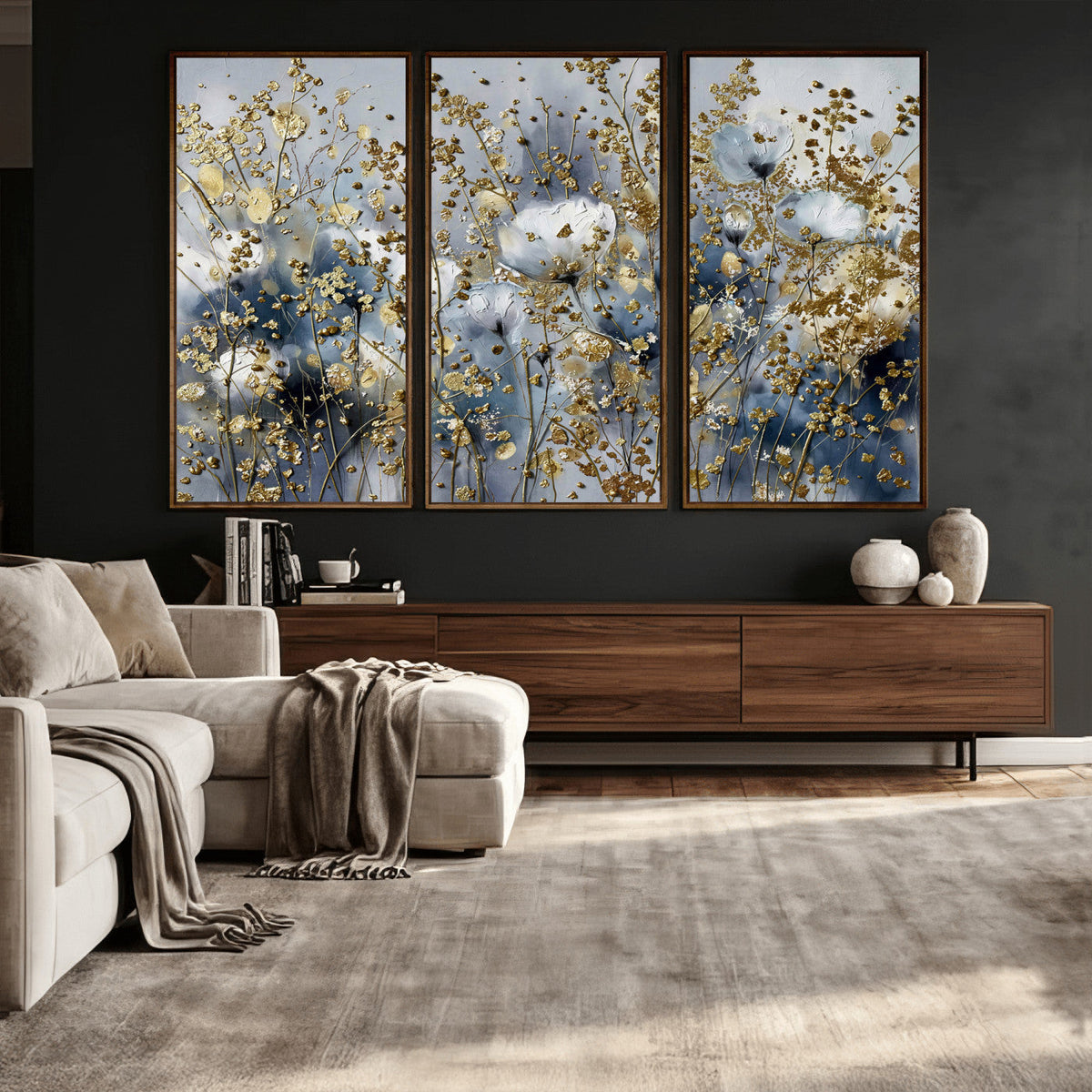Abstract Floral Wall Art Canvas Print – Gold and Blue